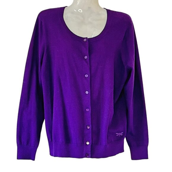 Talbots Pima Cotton Purple Cardigan Round Neck Long Sleeve Dragon Fly  Size LP - Picture 3 of 7